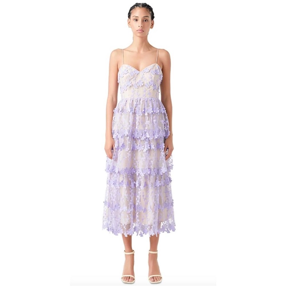 NWT Endless Rose lavender floral crochet tiered sweetheart neckline midi dress L